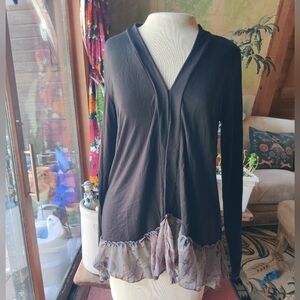 LOGO Lori Goldstein Open Front Cardigan S Abstract Ruffle Chiffon Hem Artsy